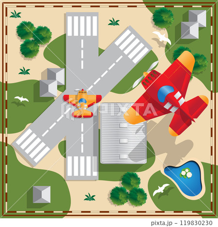 Aircraft on the background of the airfield. View from above. Vector illustration. 119830230