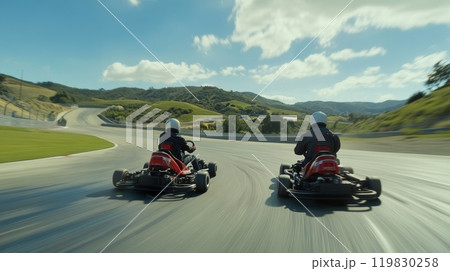 Speedway. Two racers neck and neck on scenic track with rolling hills under blue sky, battling for lead on curve. 119830258
