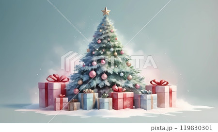 watercolor Christmas tree with gifts and lights. new year mood. background 119830301