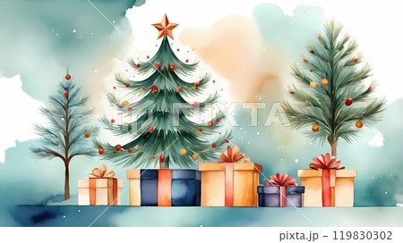watercolor Christmas tree with gifts and lights. new year mood. background 119830302