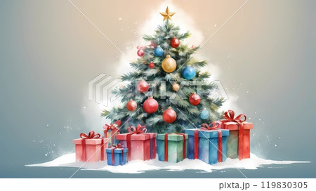 watercolor Christmas tree with gifts and lights. new year mood. background 119830305