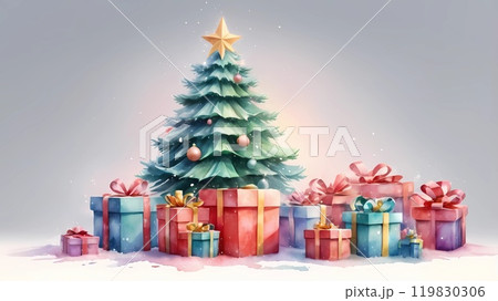 watercolor Christmas tree with gifts and lights. new year mood. background 119830306