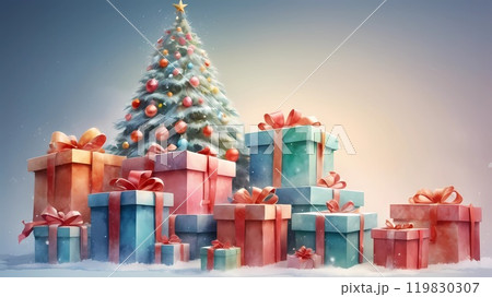 watercolor Christmas tree with gifts and lights. new year mood. background 119830307