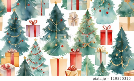 watercolor Christmas tree with gifts and lights. new year mood. background 119830310