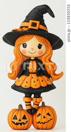 Whimsical Halloween girl in costume on white background Whimsical Halloween girl in costume on white background 119830358