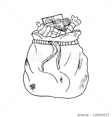 Hand-drawn Christmas gift bag, black outline, line drawing for coloring book,postcard, website, brochure. Hand-drawn Christmas gift bag, black outline, line drawing for coloring book,postcard, website, brochure. 119830517