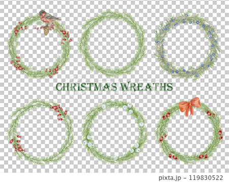 Collection of festive Christmas wreaths watercolor illustrations on a white background, handmade, ideal for decorating Christmas cards, tableware, invitations, banners, textile design. Collection of festive Christmas wreaths watercolor illustrations on a white background, handmade, ideal for decorating Christmas cards, tableware, invitations, banners, textile design. 119830522