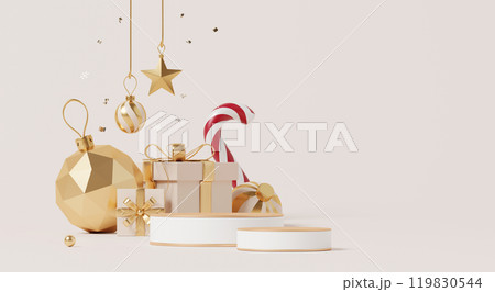 3D render, Merry Christmas background decorate with ornament ball, gift boxes and empty display podium for showing product. 3D render, Merry Christmas background decorate with ornament ball, gift boxes and empty display podium for showing product. 119830544