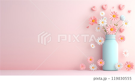 A blue vase with pink and white flowers on a pink background, copy space 119830555
