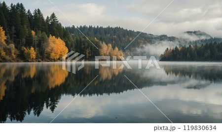 Fog in nature. A misty forest in autumn with a mix of evergreen and yellow-orange deciduous trees Fog in nature. A misty forest in autumn with a mix of evergreen and yellow-orange deciduous trees 119830634