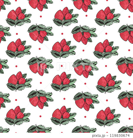 Seamless white background with strawberries and bubbles, seamless pattern with berries and green leaves, strawberry abstract hand drawn seamless pattern for typography, textile or packaging design 119830674