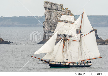 Large traditional sailing boat in a bay on the Atlantic Ocean. 119830969