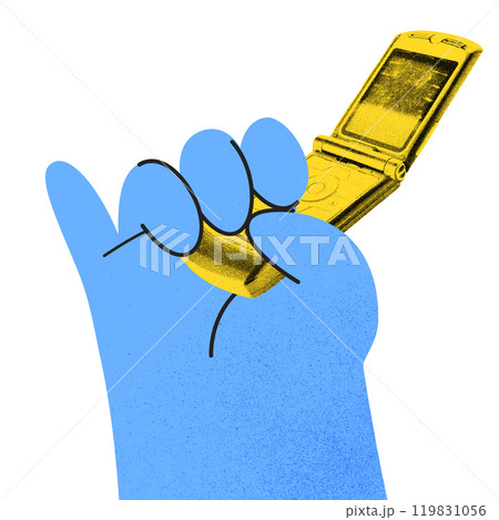 Contemporary art collage. Blue hand with yellow flip phone against white background. Classic retro mobile vibes. 119831056