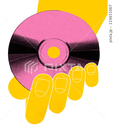 Contemporary art collage. Yellow hand with pink CD against white background. Reminder of golden era of compact discs. 119831067