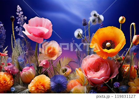 Colorful bouquet of flowers with blue sky background. Flowers are pink, orange. Scene is bright, cheerful, with flowers. For interior decor, digital art, book or magazine cover, textile design, print. 119831127