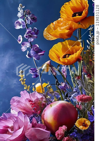 Colorful bouquet of flowers with blue sky background. Flowers are pink, orange. Scene is bright, cheerful, with flowers. For greeting cards, print, textile design, social media content, event decor. 119831128