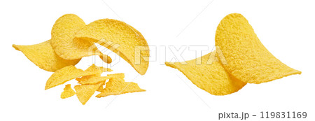 Potato chips isolated on white background with full depth of field. 119831169