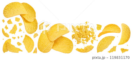 Potato chips isolated on white background with full depth of field. Top view with copy space for your text. Flat lay. Potato chips isolated on white background with full depth of field. Top view with copy space for your text. Flat lay. 119831170