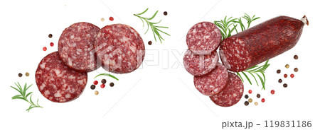 Smoked sausage salami slices isolated on white background with full depth of field. Top view. Flat lay Smoked sausage salami slices isolated on white background with full depth of field. Top view. Flat lay 119831186