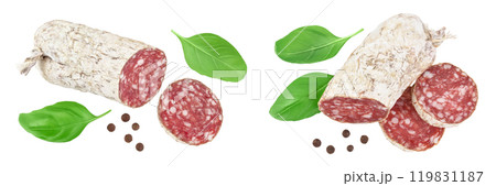 Cured salami sausage isolated on white background. Italian cuisine with full depth of field. Top view. Flat lay Cured salami sausage isolated on white background. Italian cuisine with full depth of field. Top view. Flat lay 119831187
