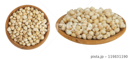 Sorghum seeds in wooden bowl isolated on white background. Top view. Flat lay. Sorghum seeds in wooden bowl isolated on white background. Top view. Flat lay. 119831190