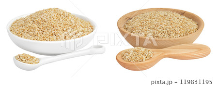 Sesame seeds in ceramic and wooden bowl and spoon isolated on white background 119831195