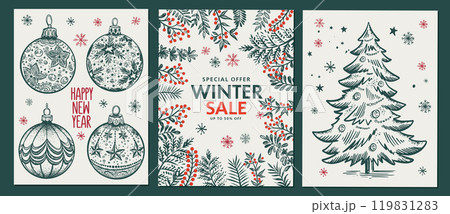 Christmas set in sketch style, winter sale. Hand drawn illustration.	 119831283