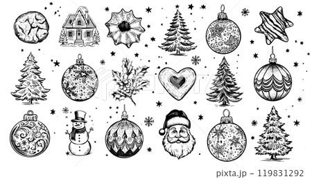 Christmas cookie, tree, ball, set on white, Hand drawn illustration	 119831292