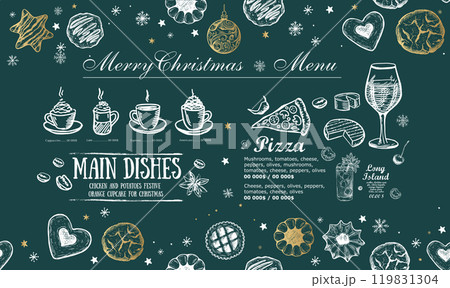 Christmas and New Year menu cafe. Template design. Hand drawn illustrations. Vector.	 119831304