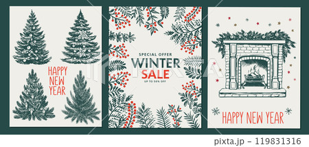 Christmas set in sketch style, winter sale. Hand drawn illustration. Christmas set in sketch style, winter sale. Hand drawn illustration. 119831316