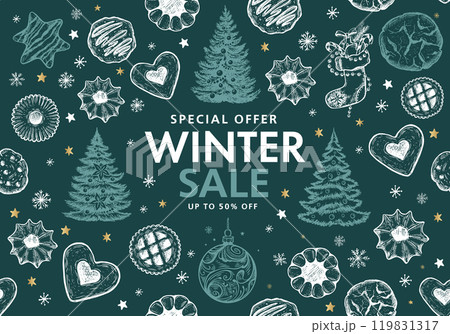 Winter sale, Christmas Cookie and ball set, Hand drawn illustration. Winter sale, Christmas Cookie and ball set, Hand drawn illustration. 119831317
