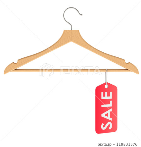 Wooden hanger with red sale tag, 3D rendering Wooden hanger with red sale tag, 3D rendering 119831376