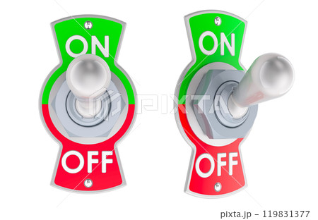 Toggle Switch, ON. Front and side views, 3D rendering Toggle Switch, ON. Front and side views, 3D rendering 119831377