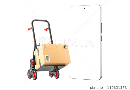 Hand truck with parcel and mobile phone. 3D rendering Hand truck with parcel and mobile phone. 3D rendering 119831378
