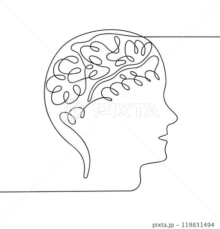 Continuous line drawing of human head with brain. Thinking linear symbol. Mental health concept. Hand drawn vector illustration. Minimalist black linear sketch isolated on white background. Continuous line drawing of human head with brain. Thinking linear symbol. Mental health concept. Hand drawn vector illustration. Minimalist black linear sketch isolated on white background. 119831494