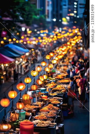 night asian market with warm glowing lanterns lining the street, creating a lively atmosphere  119831499