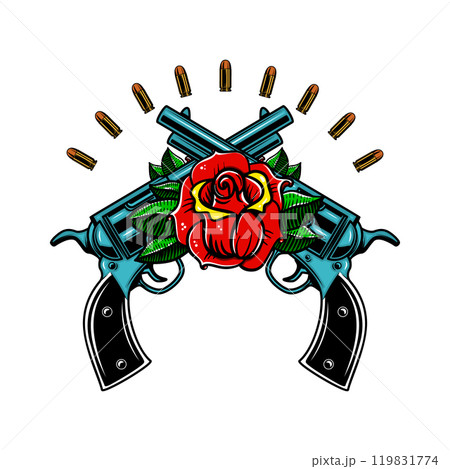 Crossed guns with roses. Design element for poster, card, banner, emblem, sign. Vector illustration Crossed guns with roses. Design element for poster, card, banner, emblem, sign. Vector illustration 119831774