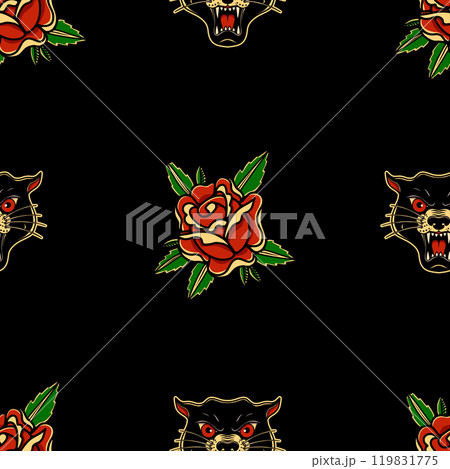 Seamless pattern with roses in tattoo style. Vector illustration 119831775