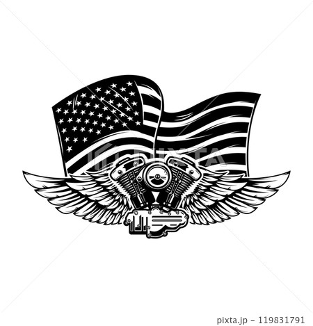 Illustration of twin engine with wings on american flag background. Design element for poster, card, banner, sign, emblem. Vector illustration Illustration of twin engine with wings on american flag background. Design element for poster, card, banner, sign, emblem. Vector illustration 119831791