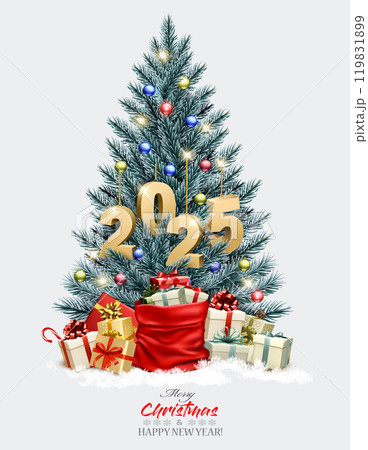 Holiday background with Christmas blue tree with garland and a gold 2025 numbers. Vector. 119831899