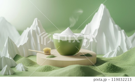 3d Illustration Of Japanese Matcha Latte Advertisement: Tea Cup Set On Minimal Paper Cut Mountain Background With Translation As Matcha Latte 119832213