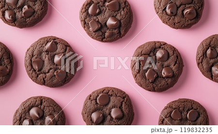 Delicious Chocolate Cookies On A Pink Background: Perfect Sweet Treat For Bakeries, Websites, And Online Shops! Great For Various Uses. 119832235