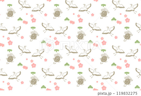 松竹梅と鶴亀のパターン 金 梅  和柄 背景 慶事 119832275