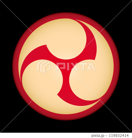 Japanese tomoe design, a comma-like swirl symbol and taiko drum pattern. Left threefold Mitsudomoe, a swirl of 3 commas or tadpoles on a red circle on black background. Used for emblems, banners, etc. 119832414