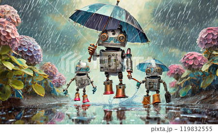 雨の中のロボット,梅雨,雨季,Generative AI,AI画像 119832555