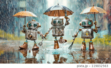 雨の中のロボット,梅雨,雨季,Generative AI,AI画像 雨の中のロボット,梅雨,雨季,Generative AI,AI画像 119832563