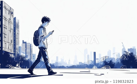 スマートフォンをしながら歩く青年 スマートフォンをしながら歩く青年 119832823