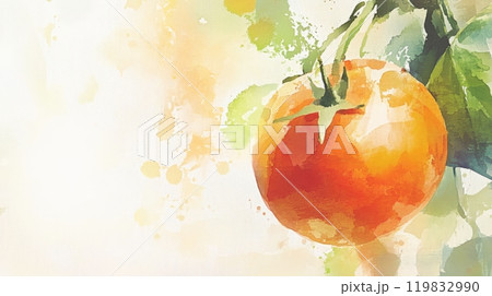 A ripe orange fruit dangles from a green branch, complemented by a wash of soft pastel colors in the background, suggesting a serene outdoor setting 119832990