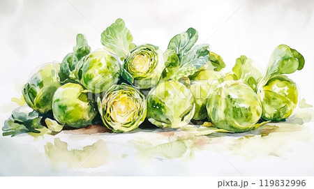 A cluster of freshly gathered Brussels sprouts rests against a soft, light backdrop, highlighting their rich green hues and natural textures, ideal for autumn cuisine A cluster of freshly gathered Brussels sprouts rests against a soft, light backdrop, highlighting their rich green hues and natural textures, ideal for autumn cuisine 119832996