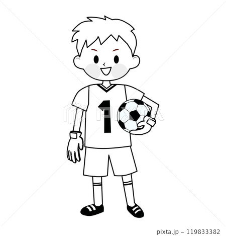 サッカーボールを持つゴールキーパーの男の子　線画イラスト 119833382